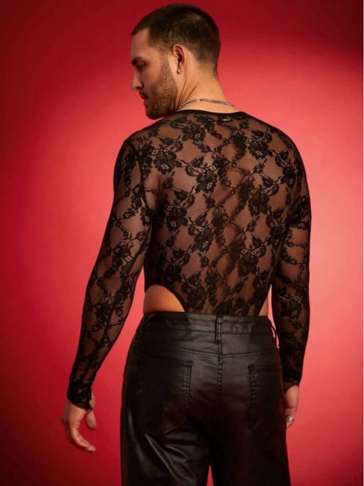 men's lace crossed strap see-though long sleeve bodysuit
